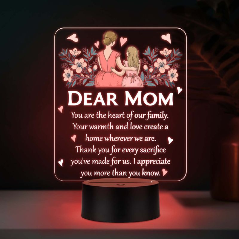 Dear Mom Acrylic LED Lamp with UV Print – Multicolor Night Light Mother’s Day & Birthday Gift